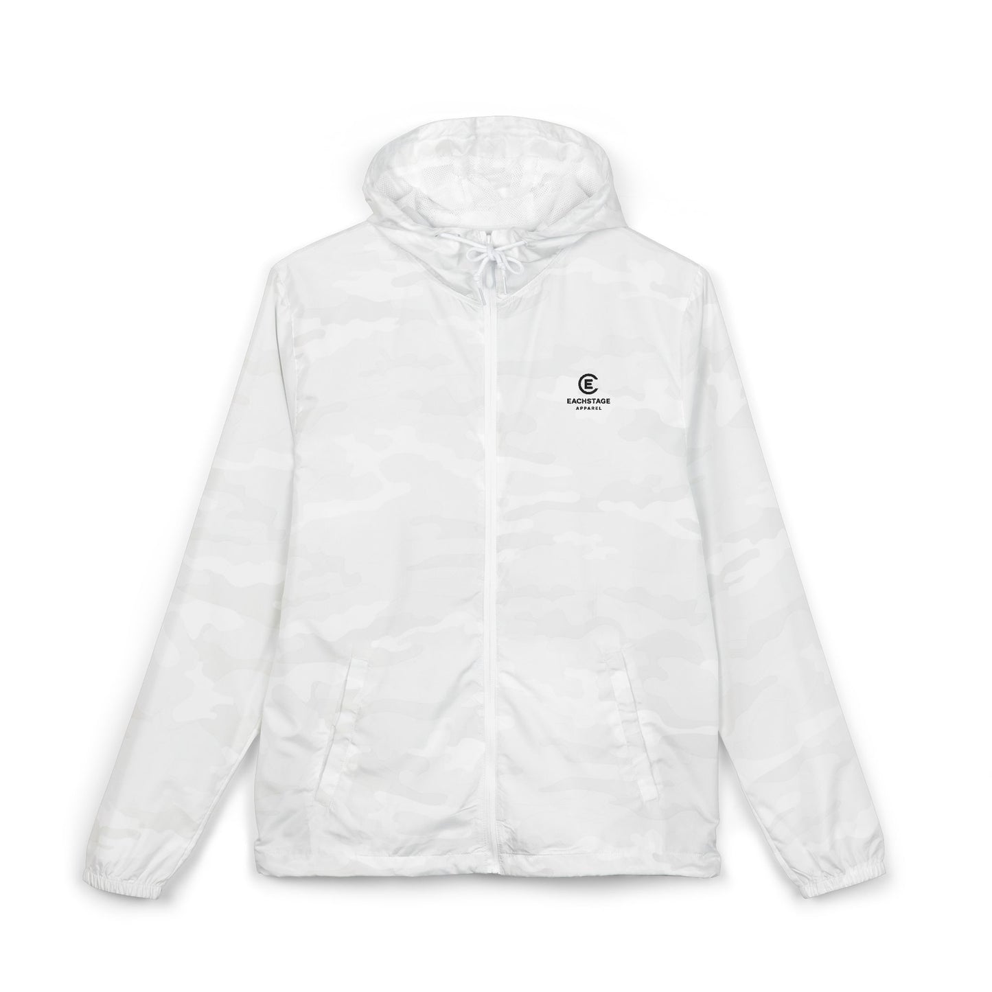 White Camo Windbreaker Unisex Jacket — EachStage Apparel Logo Hooded Zip-Up