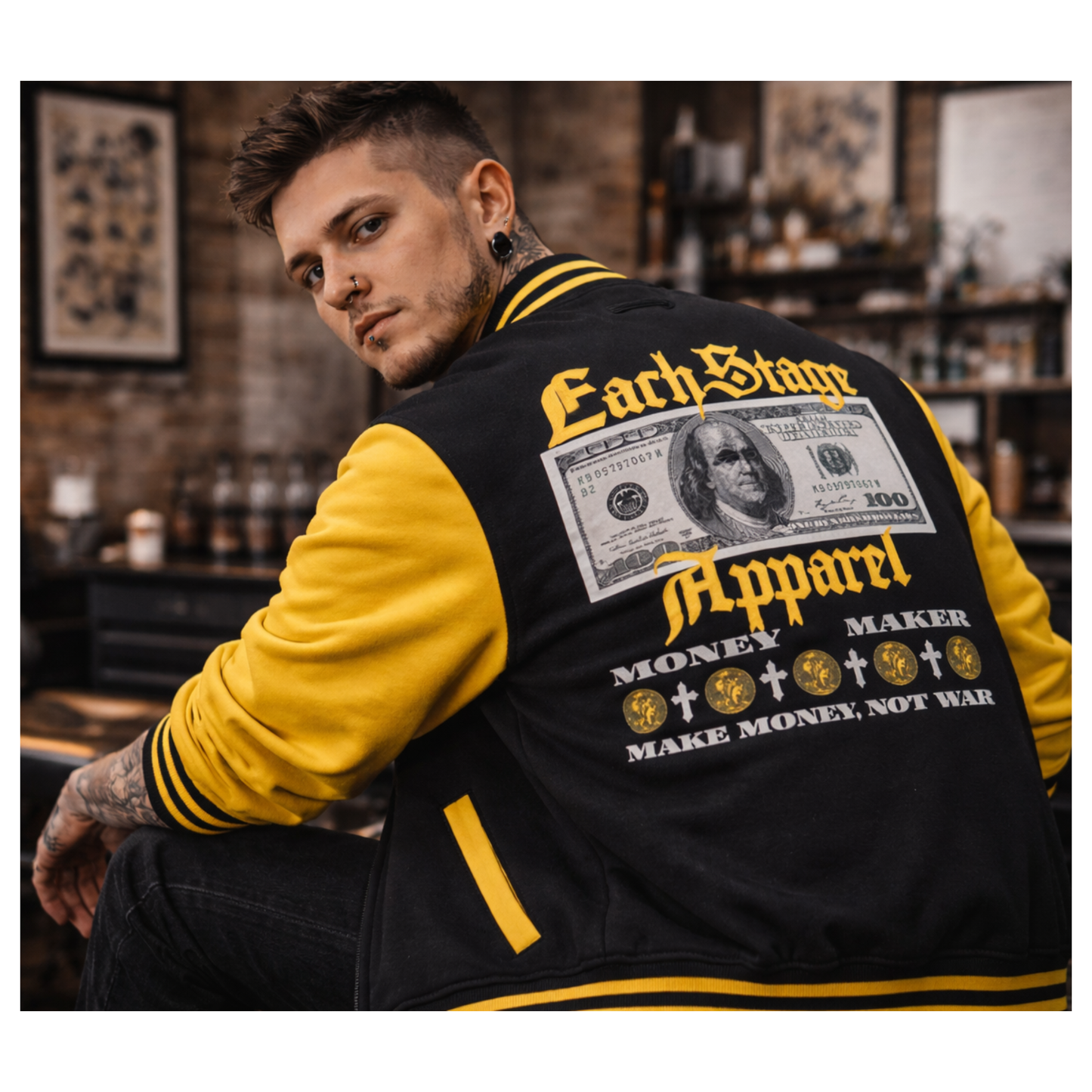 'EachStage Apparel' Cash Stack Varsity Jacket