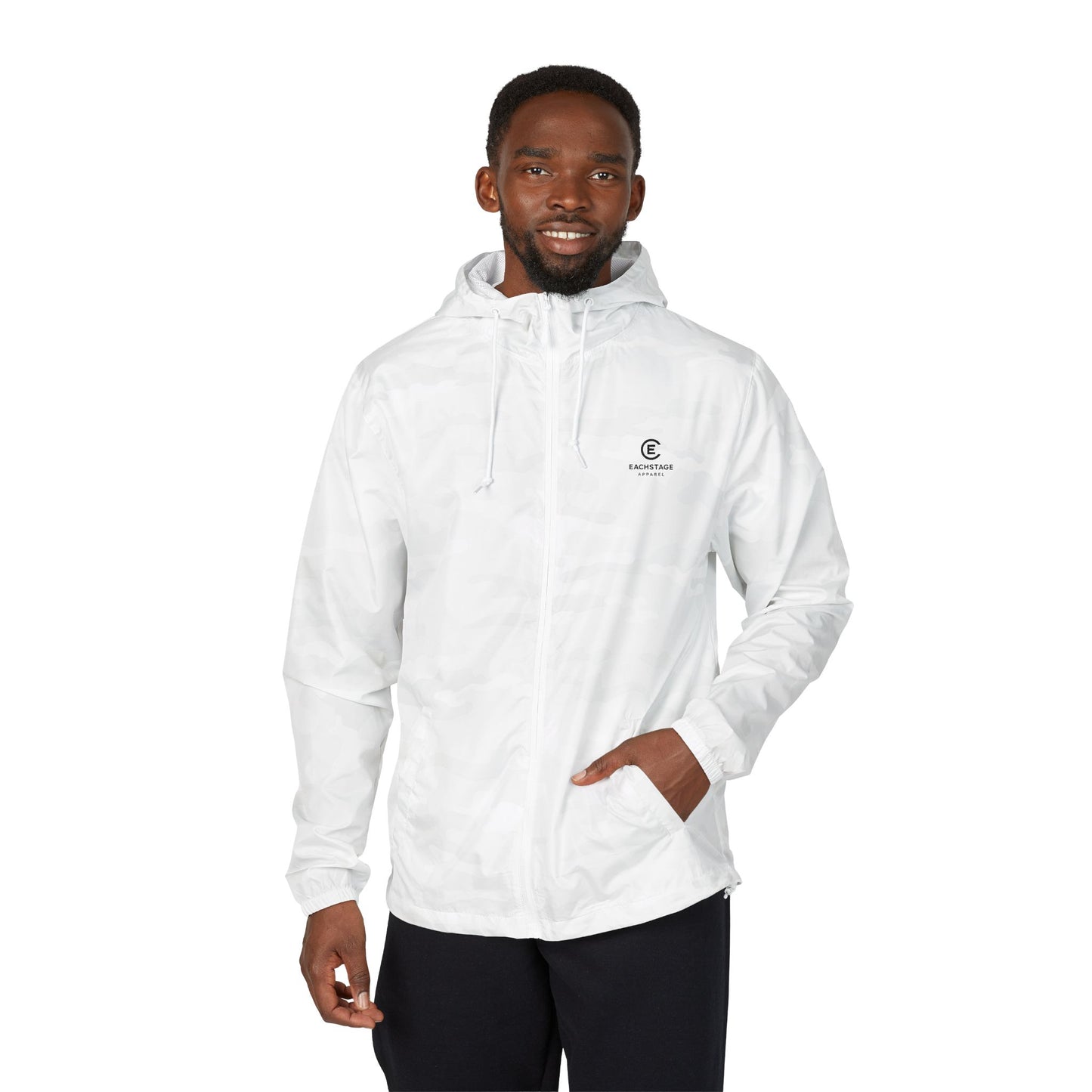 White Camo Windbreaker Unisex Jacket — EachStage Apparel Logo Hooded Zip-Up