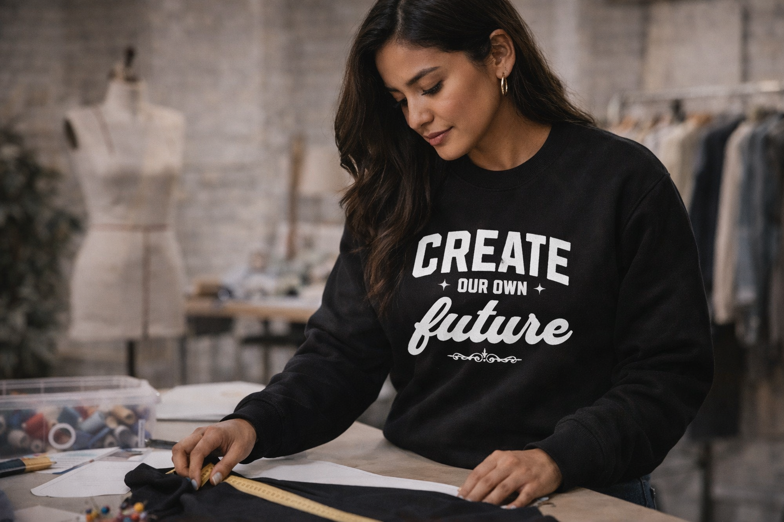 Woman wearing a black 'Create Our Own Future' sweatshirt in a fashion studio