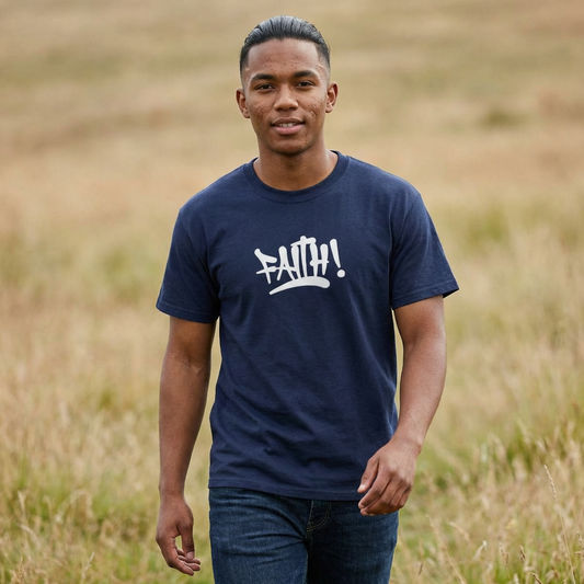 Man wearing a navy blue t-shirt with 'FAITH!' printed on it, standing in a grassy field.